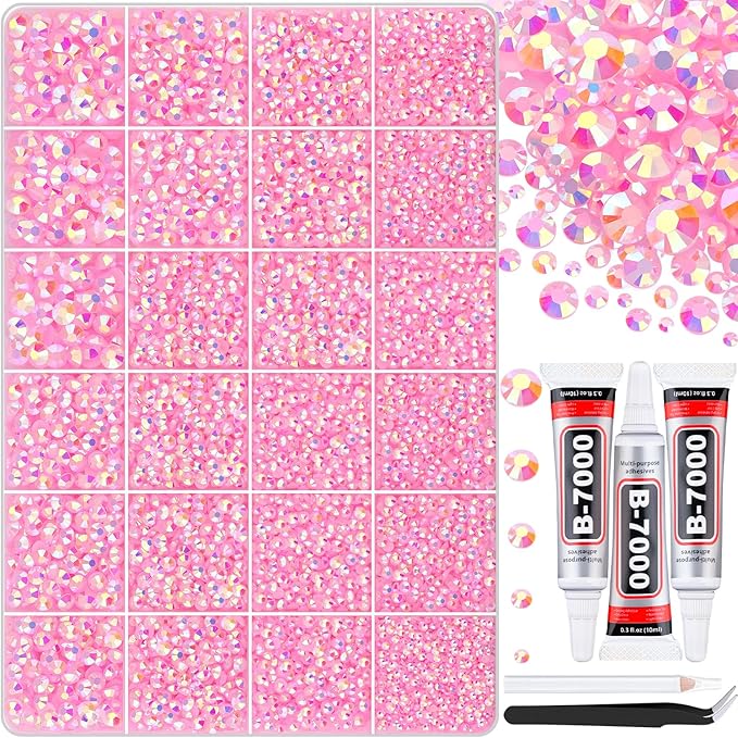 30000Pcs Light Pink AB Rhinestones for Bedazzling with B7000 Jewelry Glue, Bedazzler Kit Bulk Flatback Gems, Resin Rhinestones for Crafting Crafts Clothing Shoes Nail Art Assorted Size 2/3/4/5/6mm
