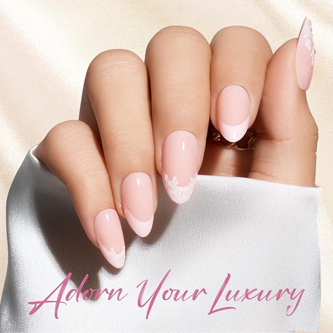 Modelones French Tip Press on Nails Almond, Short Almond Fake Nails, Semi-Transparent Soft Nail Kit with Nail Glue Adhesive Tabs Nail File, Spring Nails Press Ons 30Pcs 15 Sizes, Pink Flower