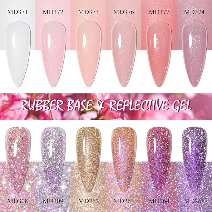 12Pcs Nude Pink Builder Gel for Nails + Reflective Glitter Gel Nail Polish Set Pink Purple Soak Off Uv/Led Nail Polish Kit DIY Manicure
