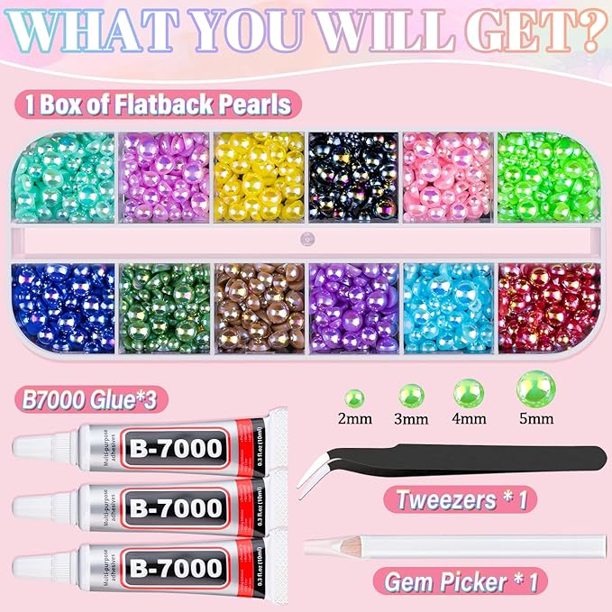 Flatback Pearls for Crafting with 3Pcs 10ml B7000 Jewelry Glue, 1 Box of Half Round Colorful AB Pearls, Bedazzling Beads for DIY Crafts Clothing Tumblers Shoes Embellishment Nail Art
