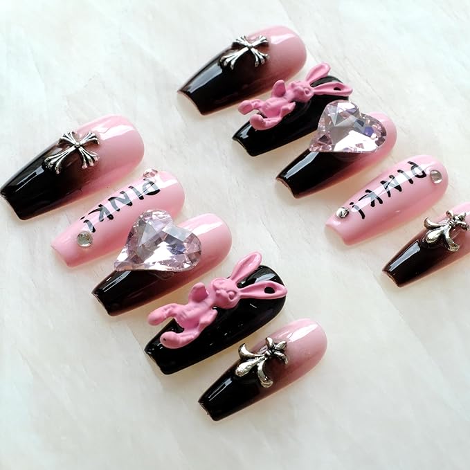 Luxury long Long Ballerina Press-On Nails, Pink and Black Gothic Design with 3D Bunny and Diamond Heart, Handmade False Nail 10 Pieces (XS size, LS)