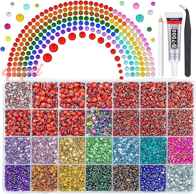 28 Grids Red 2mm-6mm Resin Rhinestones w B7000 Glue for Bedazzling Crafting Colorful Flatback Stones Diamonds Crystals Gems Bedazzler Kit for Nails Face Eyes Makeup Tumblers DIY Crafts