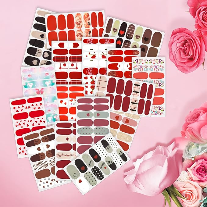 DANNEASY 16 Sheets Red Valentine's Day Nail Wraps, Polish Strips for Women, Self-Adhesive Gel Stickers for Nail Art With File, Cuticle Stick