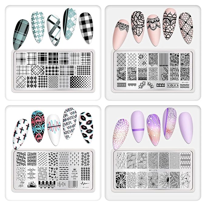 Born Pretty Nail Stamping Plates Set Plaid Flowers Leaves Lace Nail Art Image Plates Spring into Winter Stamp Templates Kit Image Manicuring DIY Printing Tools 8PCS