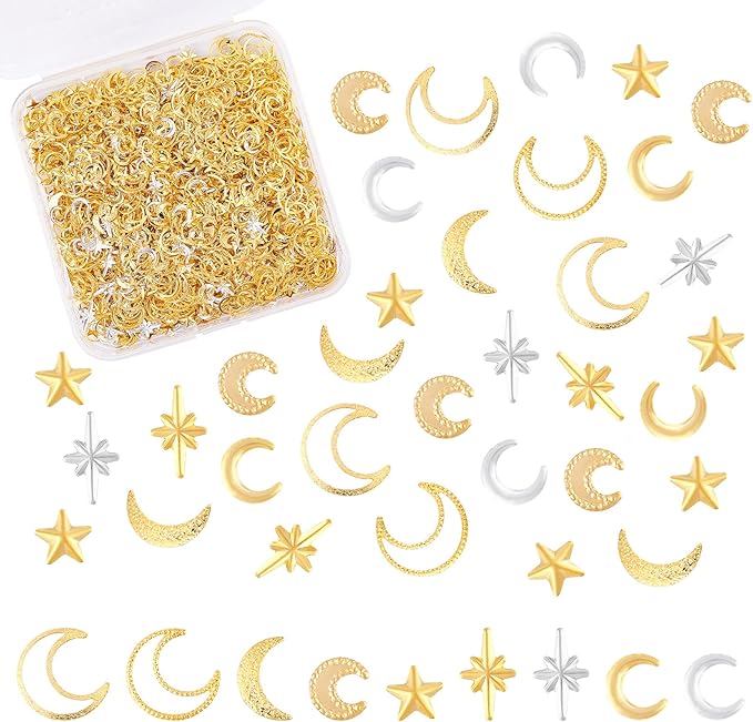 OLYCRAFT 1800Pcs Star Moon Resin Fillers Cosmos Theme Brass Charms Cabochons Hollow Moon Epoxy Resin Accessories Alloy Epoxy Resins Supplies Nail Art Decoration - Golden & Sliver