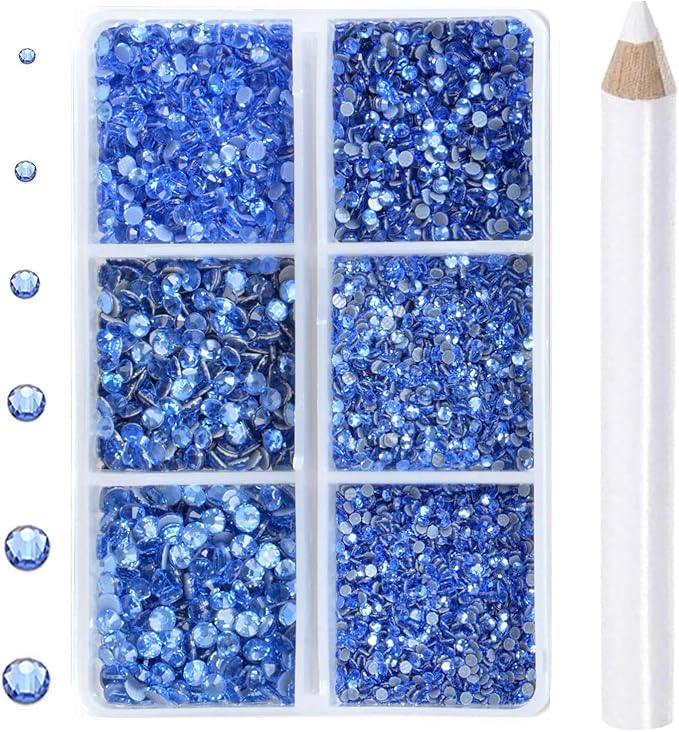 8000pcs Hotfix Rhinestones Flatback,Rhinestones for Crafts Clothes Mixed 6 Sizes, Hotfix Crystals with Wax Pencil Kit, SS3-SS12,Lt. Sapphire