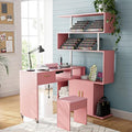 Manicure Table Nail Desk with Stool, L-Shaped Nail Tech Desk with Dust Collector, Two-Way Drawer, Cabinet & Storage Shelves, Rotating Reversible Manicure Workstation on Wheels (Pink)