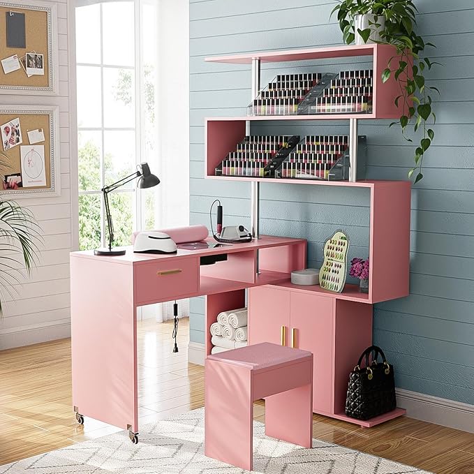 Manicure Table Nail Desk with Stool, L-Shaped Nail Tech Desk with Dust Collector, Two-Way Drawer, Cabinet & Storage Shelves, Rotating Reversible Manicure Workstation on Wheels (Pink)