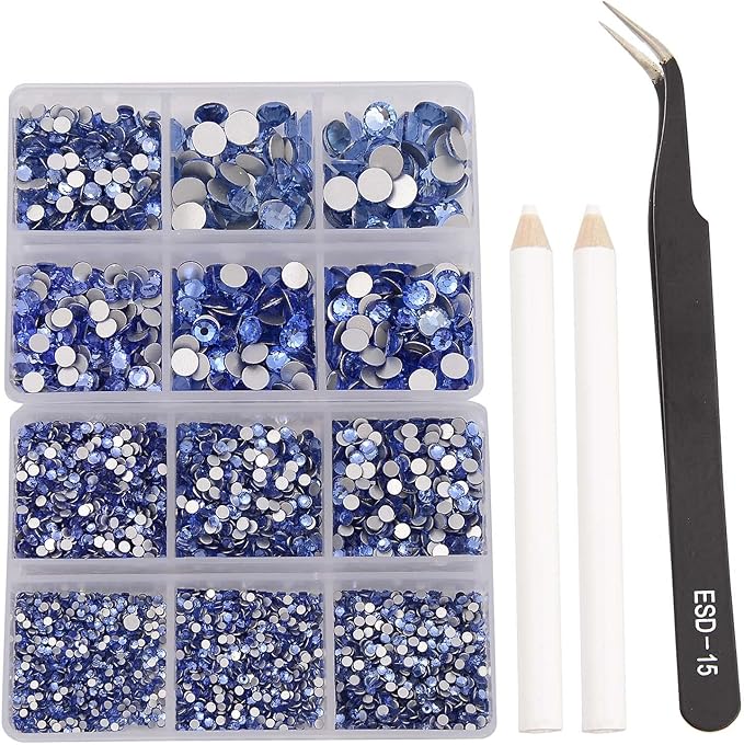 NCB 8000pcs Non Hotfix Rhinestones 10 Sizes Flatback Crystal Glass Rhinestones with Tweezers and Picking Pen for Nail Art Clothes Bags Phone Decorations Crafts DIY (005 Lt. Sapphire Mix SS3-SS30)