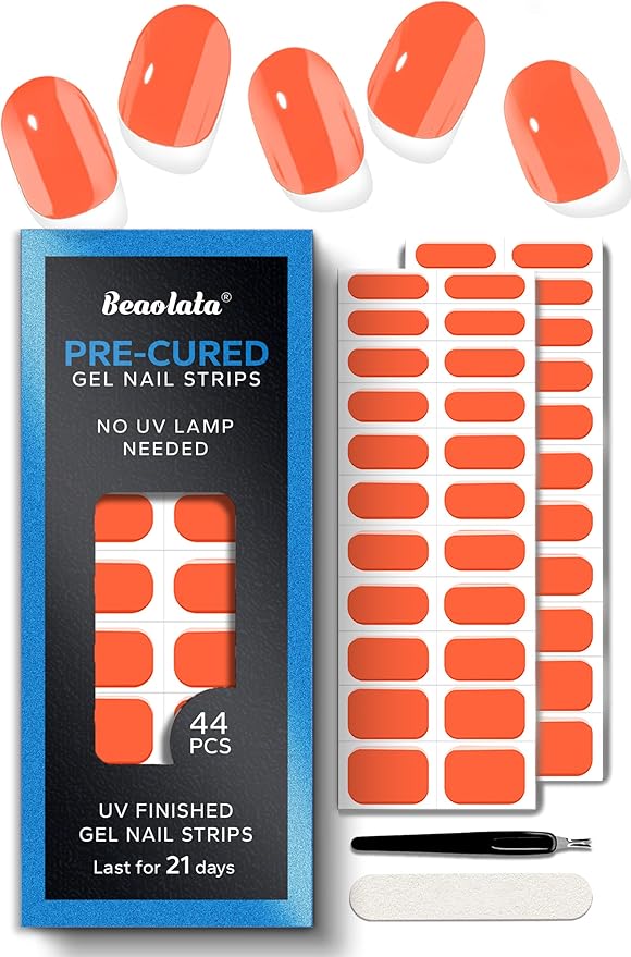 Real Gel Nail Strips (No UV Light Needed) - 44Pcs Salon Quality Nail Stickers - Long Lasting Polish Wraps for Women, Easy Apply & Remove (Crimson Tip Orange)