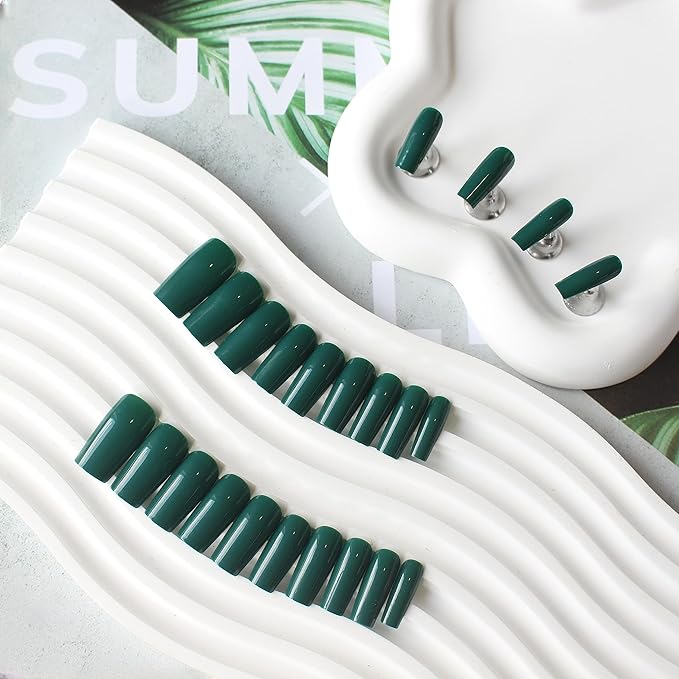 KQueenest Dark Green Press on Nails Long Medium Square, Forest Green Fake Nails Medium Coffin, Glossy Sheer Color Acrylic Nails Press ons, Reusable Soft Gel Glue on Nails for Women Finger Wear