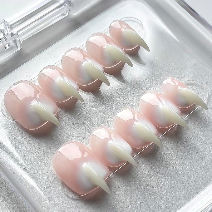 Halloween Press on Nails Luxury Short Stiletto Handmade Cat Claw Unique Reusable ABS Material White Fake Nails Eagle Claw False Nails Glossy Glue on Nail Curved Thick Acrylic Nail(S)