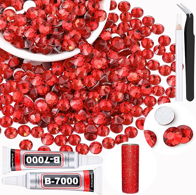 400PCS SS30/6mm Crystal Rhinestones (Light Red/Light Siam) with 2Pcs 10ml B7000 Jewelry Glue, Bedazzling Flatback Glass Rhinestones for Crafting, Gems Diomand for Tumbler Shoes Clothing Mugs Nail Art