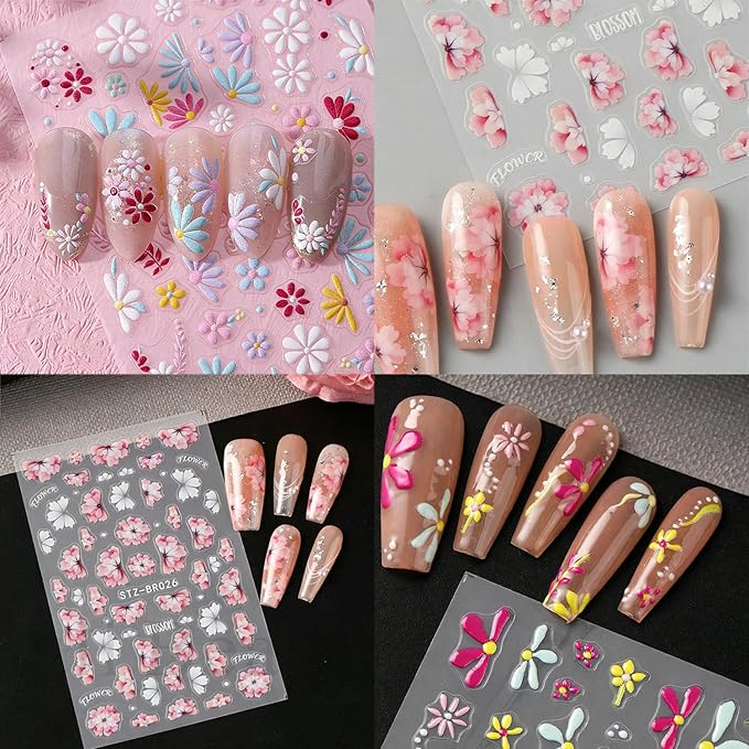 3 Sheets Spring Flower Nail Stickers White Pink Peach Blossoms Nail Art Stickers Colorful Embossed Daisy Nail Decals 3D Self-Adhesive Cute Flowers Nail Art Decals for Women Nail Designs