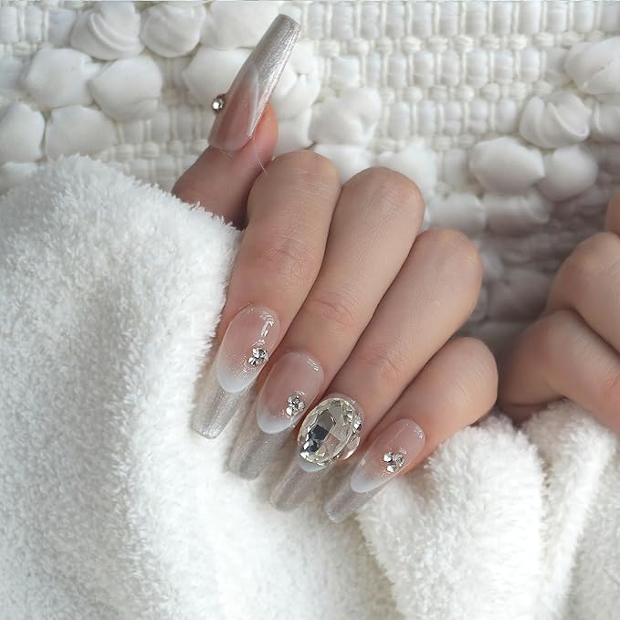 Press On Nails, Long Ballerina Coffin Shape, Silver Glitter French Tips with 3D Rhinestones, Handmade False Nail 10 Pieces (Large,LB)