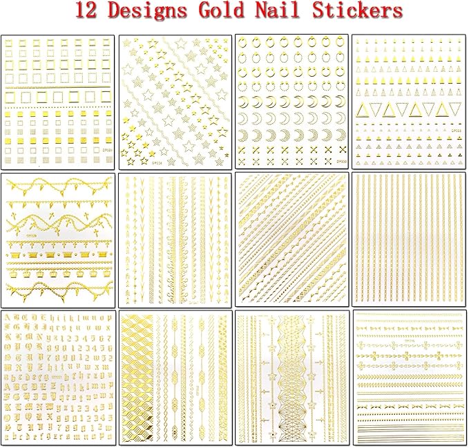 Gold Nail Art Stickers, Metallic Chains Line Triangle Heart Circle Letters Stars Square Nail Self-Adhesive Sticker Designs, Gold Nail Transfer Decals Supplies for Women Girls Manicure Decorations