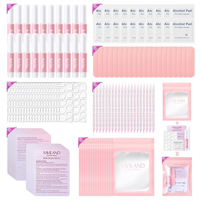 SAVILAND 20PCS Press on Nail Kit: Press On Nail Packaging with Nail File Glue Prep Pads Adhesive Tabs Acrylic Sticks Instruction Cards Pink Bags Nail Prep Application Supplies Manicure Disposable Kit
