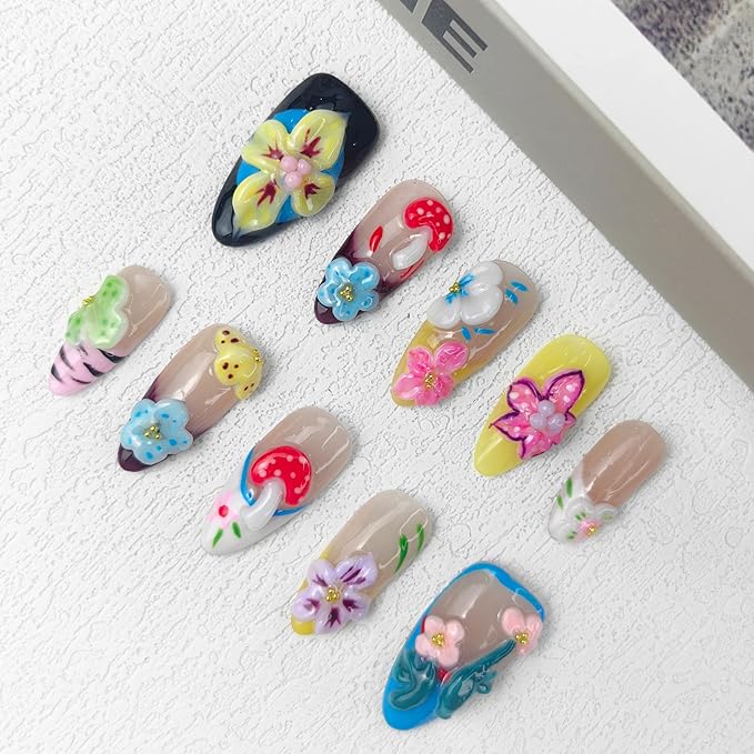 2025 Tale Blossom Long Handmade Nails Reusable Press-on Nails with Pastel Petals, Mushrooms & Fairy Meadow Accents Gifts for Women (Tale Blossom, M)