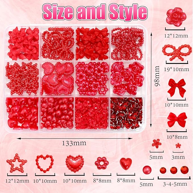 BELICEY Valentines Red Heart Nail Charms Cute Resin Bows Flowers Star Nail Art Charms Flatback Nails Rhinestone and Gem Nail Pearls for DIY Manicure Jewelry for Women Accessories Supplies