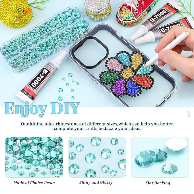 12000Pcs Resin Rhinestones for Bedazzling with 3Pcs B7000 Jewelry Glue, 2 Boxes Aquamarine Flatback Rhinestones for Crafting Crafts DIY, Crystals Gems for Clothing Shoes Tumblers Nail Art Makeup