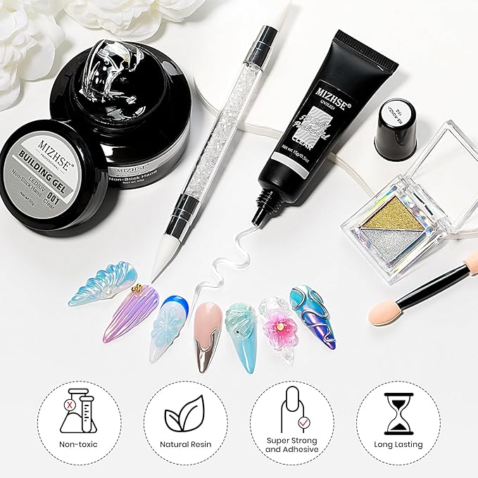 MIZHSE 30g Solid Builder Gel for Nails and 15g 3D Nail Gel, Clear Hard Sculpting Gels for Nails Art Soak Off U V LED Builder Gels for Salon Home DIY Woman