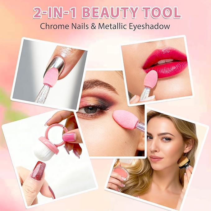 50PCS Chrome Nail Powder Applicator Set with Nail Dust Brush, Dual-Ended Eyeshadow Sponge Applicators for Chrome Powder, Metallic Mirror Effect, Nail Duster Brush for Manicure & Makeup