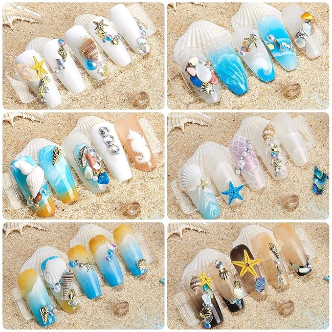 2 Boxes Summer Beach Nail Studs & Rivets - Ocean Theme Shell Starfish Conch Charms - Sea Series DIY Nail Art Decoration (3-4)