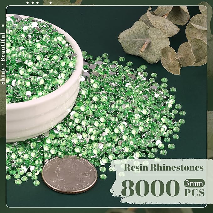 8000PCS 3mm Resin Rhinestones Bulk for Crafting (Light Green), Flatback Bedazzling Crystals for Crafts DIY Nail Decoration, Gems Charms for Tumbler Shoes Clothing Fabric with Pickup Pen and Tweezers