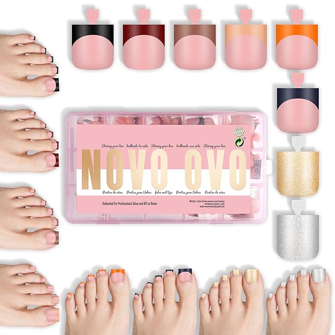 NOVO OVO Halloween Christmas Fall Autumn Colorful French Tip Toe Nail Tips Press on 8 MIXED WINTER COLOR, Sharp Square Toenail BABY PINK Toenail Extension, Full Cover Acrylic DIY x 15 Sizes 240 pcs