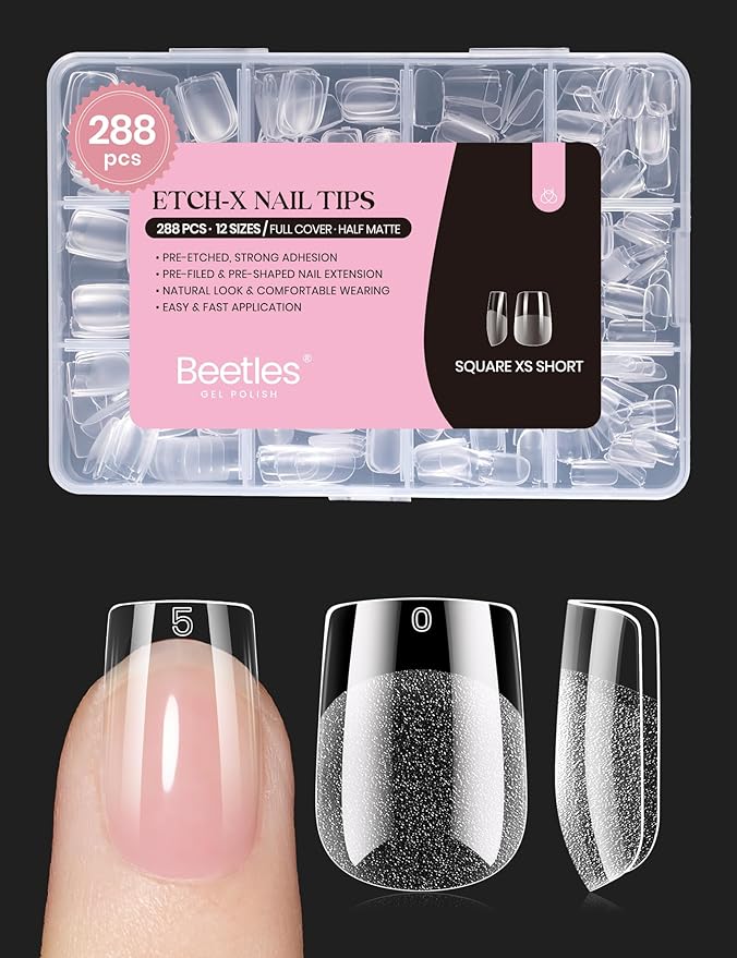 Beetles Gel Nail Tips 288 pcs Extra Short Square Nail Tips 12 Sizes Full Cover Gel Press On Nails Half Matte Acrylic Square Fake Nail Extension Set for Women Home DIY