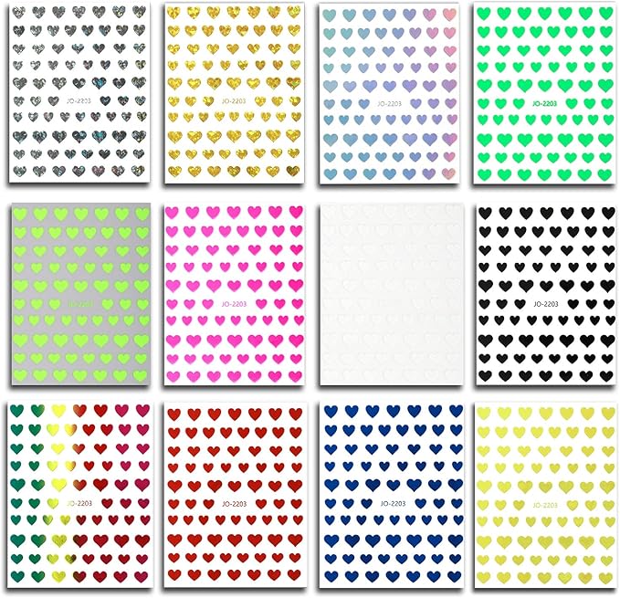 12 Colors Love Heart Nail Art Stickers, 3D Love Self-Adhesive Sticker Design, Laser Gold Silver Red Black White Pink Yellow Green Pink Blue Heart Nail Transfer Decals for Women Manicure Decorations
