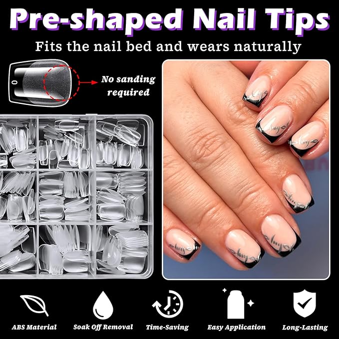LoveOurHome 360pc Extra Short Coffin Nail Tips Clear Fake Nails XS Short Coffin Gel Nail Tips Full Cover Acrylic Nails Clear Press on Nails XS False Nail 15 Sizes Fingernail for Gel Nail Extension