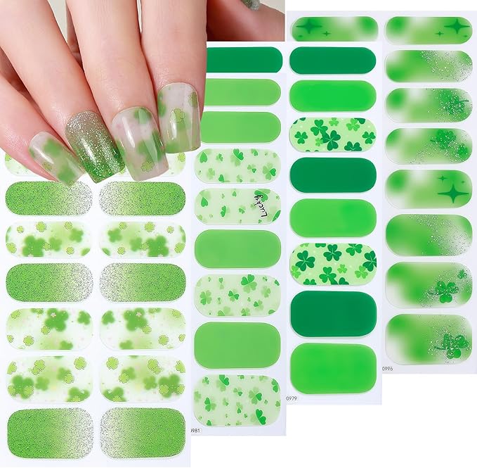 4 Sheets St. Patrick 's Day Gel Nail Stickers Irish Lucky Shamrock Nail Wraps Stickers Green Glitter French Nail Polish Strips Full Wrap Nail Strips Saint Patrick's Day Nails Supply for Women Manicure