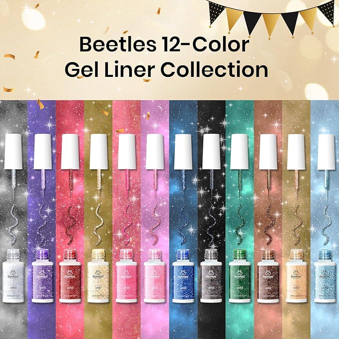 Beetles Nail Art Gel Liner Polish 12 Colors Reflective Glitter Gel Nail Polish, Gold Silver Pink Blue Purple Brown Black Kit Soak Off Uv Nail Art Design Set Summer Manicure Gifts for Women