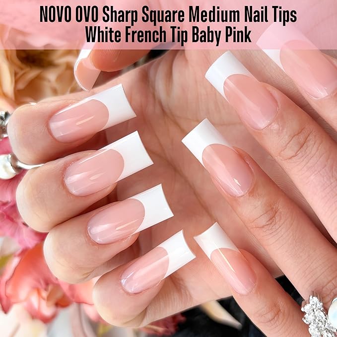 NOVO OVO Medium Sharp Square White French Tip Nail Tips Press on BABY PINK, Extra Thick NEED Builder Gel & Top Coat & Glue, Soft Gel Full Cover False Fake Nail Extension in Salon DIY x 15 Sizes 180 pc