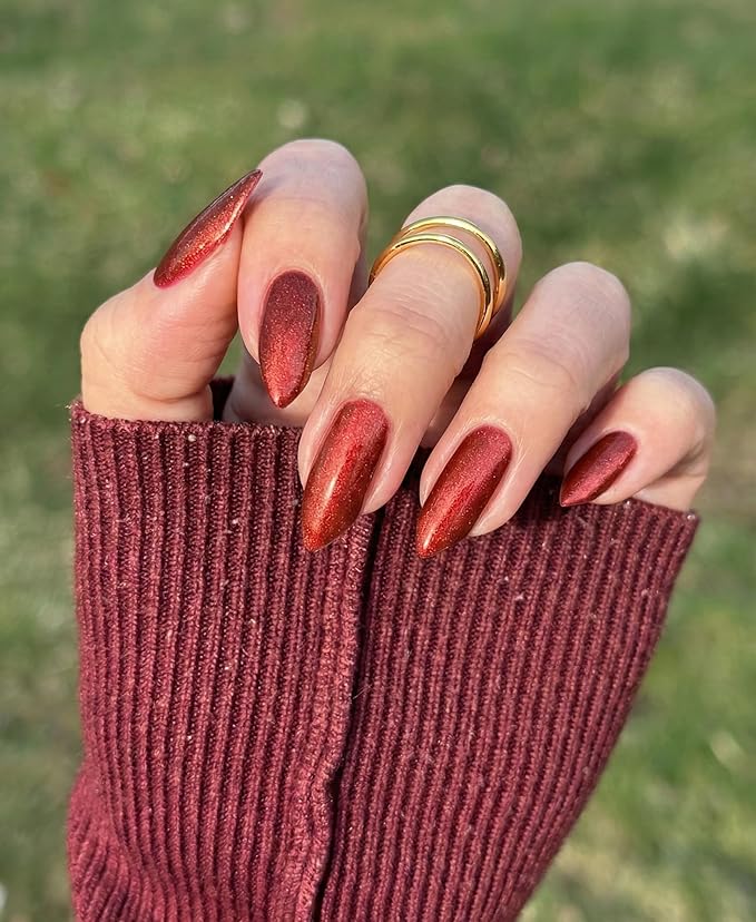 Semi Cured Gel Nail Strips – Real Gel Nail Polish Wraps | Long Lasting Easy Peel-Off Removal | Hema-Free | 20-Piece Glitter Cat eye Dark Red Salon Stickers Kit with File & Stick