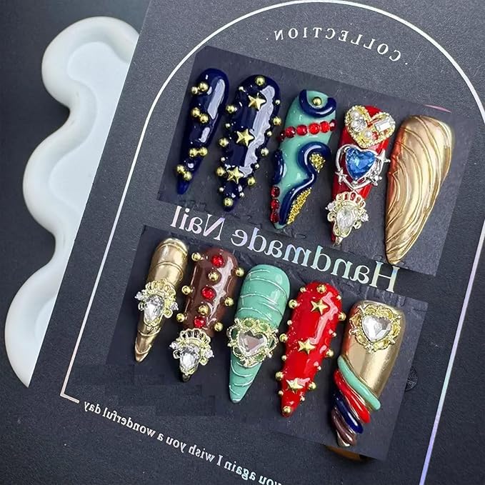 Gorgeous Press On Nails Handmade Long Stiletto Fake Nails with Heart Charms Design Colorful Rhinestone Glue on Nails Acrylic Handmade Nails Reusable Full Cover for Women Girls Size M 10Pcs