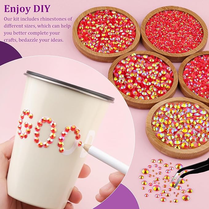 Resin Jelly Rhinestones for Crafting with B7000 Jewelry Glue, 1 Box Red AB Flatback Crystal with 3Pcs 10ml Glue, Bedazzling Non Hotfix Gems for DIY Tumblers Clothing Shoes Manicure