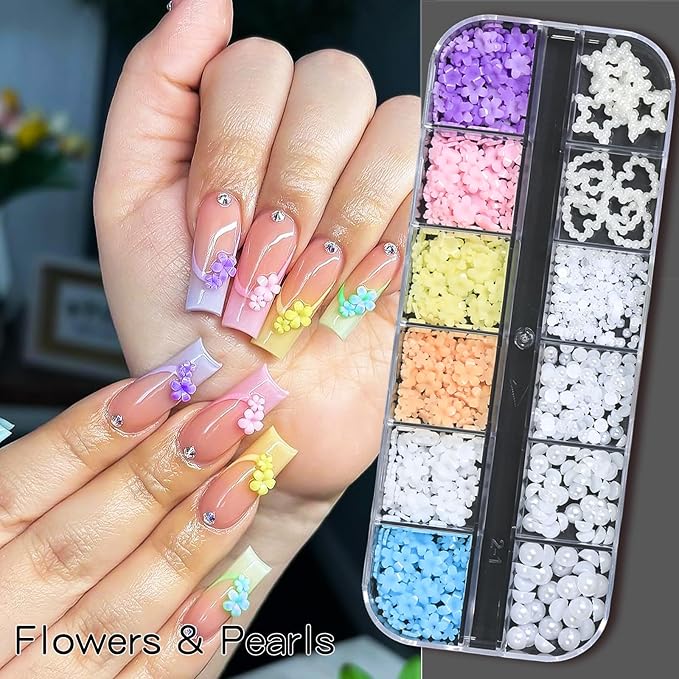 HNUIX Nail Charms - Nail Gems with 6 Boxes of Rhinestones for Nails Art Tools, 3D Charms for Nails, Colorful Clear Flatback Rhinestones, Multi Shape Pearls Jewels Crystals for Craft