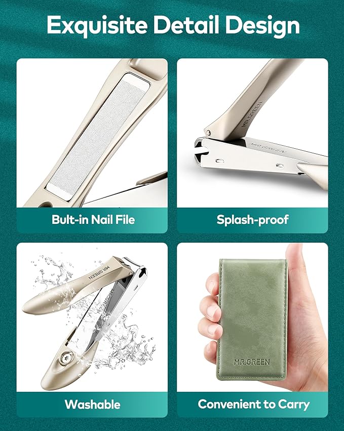 MR.GREEN Nail Clippers, 3PCS Nail Clipper Set with Anti Splash Fingernail Clipper and Ear Pick, Professional Nail Clippers for Men and Women, Stainless Steel Nail Cutter with Leather Case (Green)