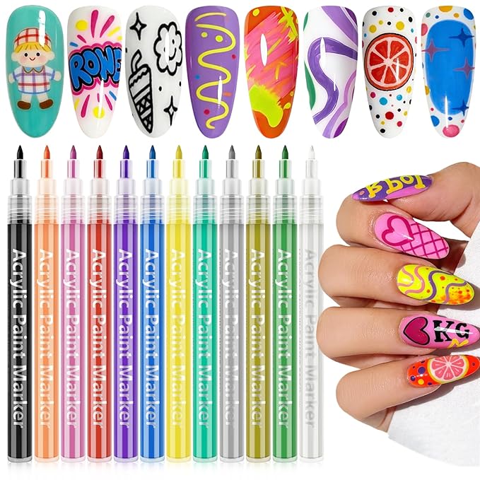 12 Colors Nail Art Pens Set, 3D Nail Polish Pens Quick-Drying Acrylic Paint Markers,For Nail Art Drawing Painting Nail Point Dotting Liner Pen, Nail Design Kit Manicure Tools Home & Salon DIY