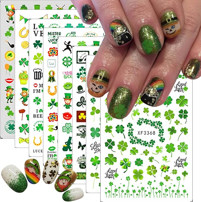 St. Patrick's Day Nail Stickers for Nail Art Lucky Shamrock Nail Art Stickers 3D Self Adhesive Green Four Leaf Clover Nail Decals Spring Summer Cute Nail Design Supplies for Women Manicure 8Sheets