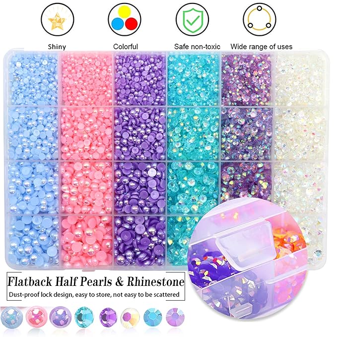 RODAKY 24000pcs Mix Color Pearls Rhinestones for Craft 3/4/5/6mm Flatback Round Jelly Rhinestone Bedazzling Non Hotfix Crystal Gems Beads for for DIY Nails Clothes Tumblers Face Makeup Manicure