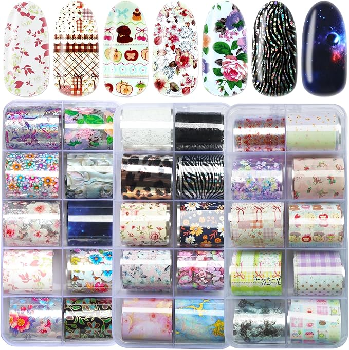 LoveOurHome 30 Sheet Flower Tranfer Nail Foils Sticker Decorations, Floral Nail Tranfer Foil Stickers Marble Nails Stickers Decals Lace Fingernail Tip Foil Sheet Gel Acrylic Nails Accessories
