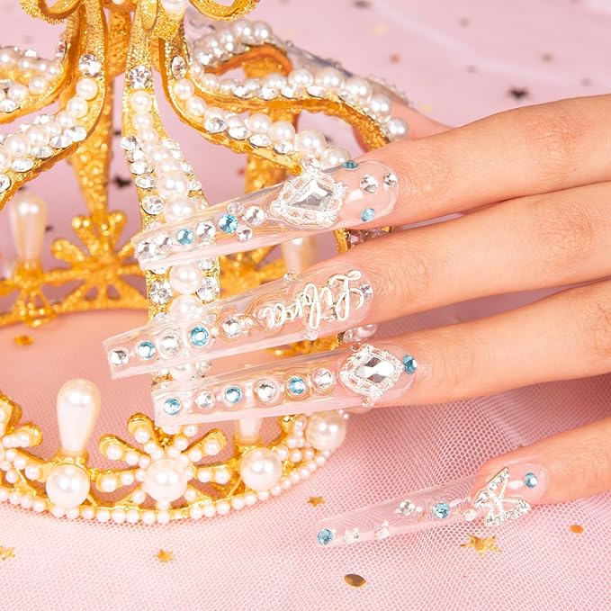 LOVFUL Press on Nails Libra | Handmade with Full Covered Crystals | Reusable Fake Nails | Coffin Long 2.2 in | H196-M