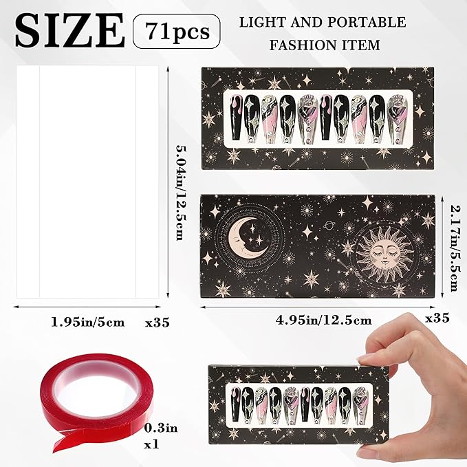71 Pcs Empty Press on Nails Packaging Box 35 Pcs White Background Papers and 1 Double Sided Tape, Empty Nail Package Box Set for Press on Nail Business (Black Sun Moon)