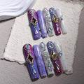 Extra Long Handmade Press On Nails Square Violet Fake Nails Glitter Full Cover False Nails with Glue Luxury Rhinestones and Charms Designs Acrylic Stick on Nail for Women Manicure 10Pcs(Size M)