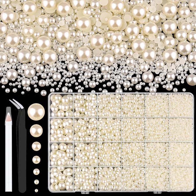 11000Pcs Flatback Pearls for Crafting (Ivory White/Beige), Assorted Size 2/3/4/5/6/8/10mm Half Pearl, Bedazzling Bead for DIY Crafts Clothing Tumblers Mugs Shoes Fabric Embellishment Nail Art Makeup