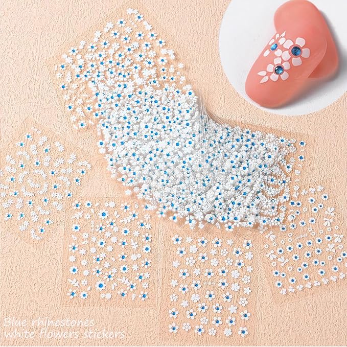 Zoance 90 Sheets Gold Nail Art Stickers & Storage Book,5000 Pieces 3D Self-Adhesive White Floral Nail Stickers with Blue Rhinestones Designs,Multicolor Nail Decals for Women Girls Manicure Decorations