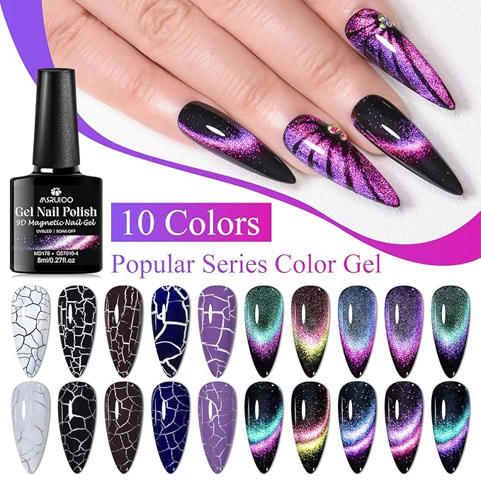 12PCS Crackle Gel Nail Polish + 9D Cat Eye Gel Polish Set Magic Black Crackle Nail Polish Magnetic Cat Eye Effect Manicure DIY Nail Art 10 Colors